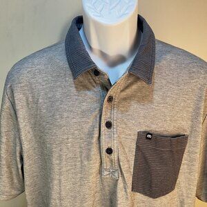 Travis Mathew Men's gray with blue trim short sleeve golf polo shirt XL EUC